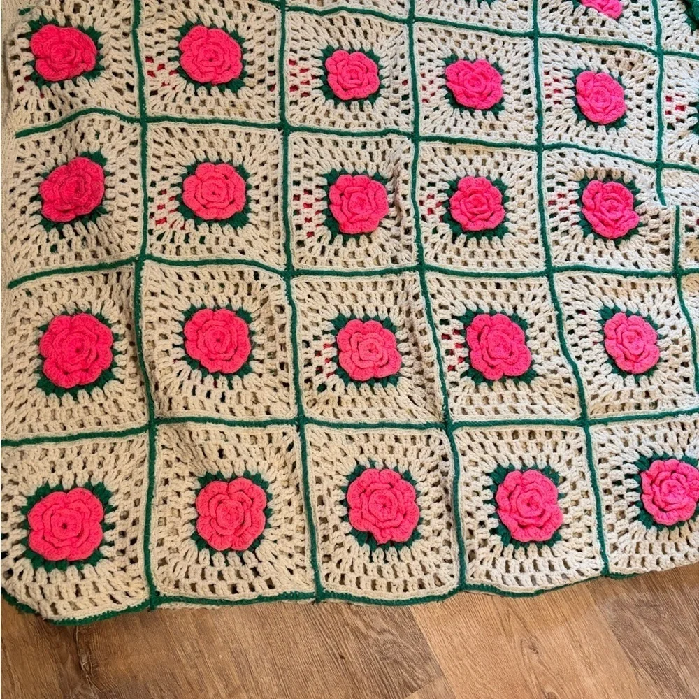 Vintage Handmade Crochet Afghan With 3D Flower Pattern
